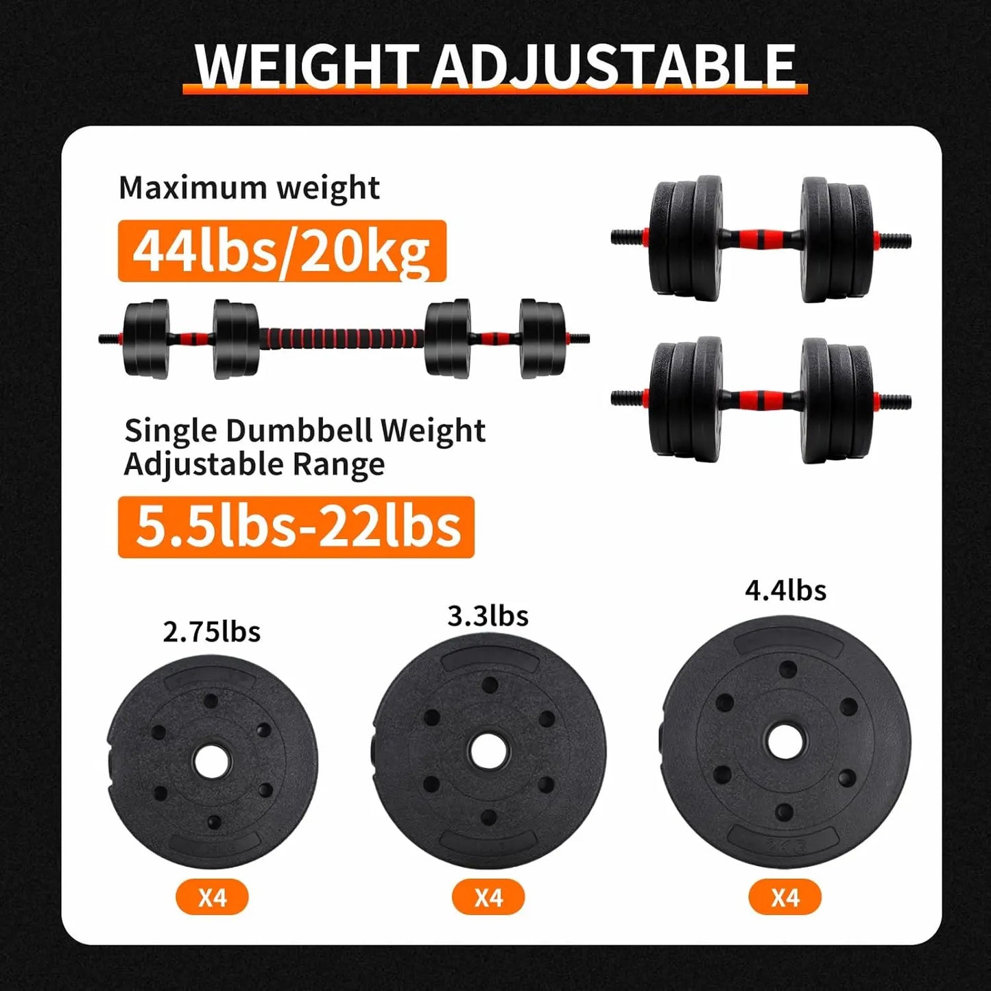 Unisex Adjustable Dumbbell Set (22/44Lbs Total), Compact 3-In-1 Ergonomic Modes, Heavy-Duty Cast Weight Plates, Strength Training Barbell Kit, Body Recomp Home Gym Fitness Equipment, Gym Stuff
