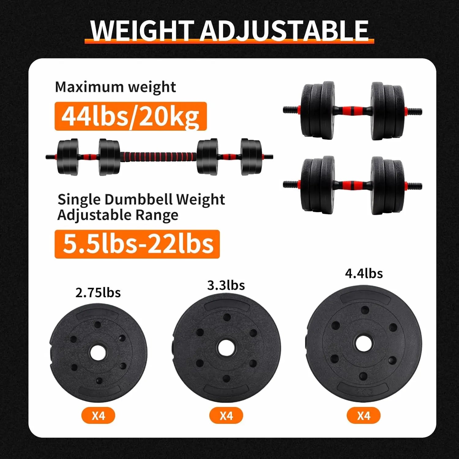 Unisex Adjustable Dumbbell Set (22/44Lbs Total), Compact 3-In-1 Ergonomic Modes, Heavy-Duty Cast Weight Plates, Strength Training Barbell Kit, Body Recomp Home Gym Fitness Equipment, Gym Stuff