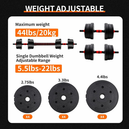 Unisex Adjustable Dumbbell Set (22/44Lbs Total), Compact 3-In-1 Ergonomic Modes, Heavy-Duty Cast Weight Plates, Strength Training Barbell Kit, Body Recomp Home Gym Fitness Equipment, Gym Stuff
