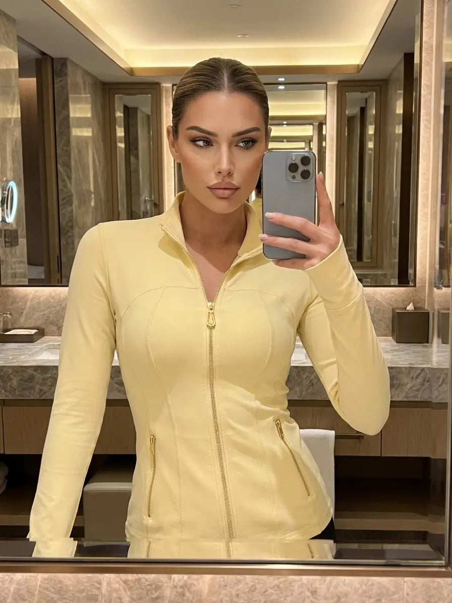 Women Stand Collar Full Zip Yoga Jacket Long Sleeve Thumb Hole Slim Fit Workout Coat with Zipper Side Pockets Backtoschool Sport Outerwear Sports Fitness Outerwear Tiktokshopbacktoschool