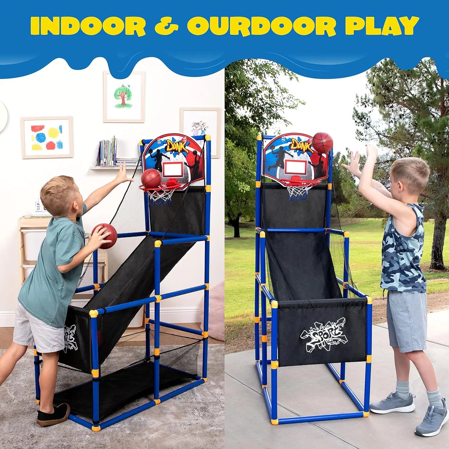 2025 Toys for Kids Arcade Basketball Game Set with 4 Inflatable Balls & Hoop Outdoor Sport Play Easy Set up Air Pump for Kids Boys Adjustable Basketball Hoop &LED Basketball Backboard