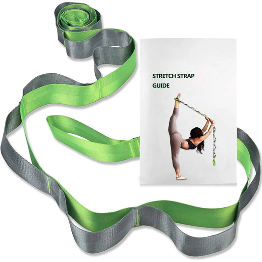 Coiled green and gray yoga stretch strap next to a printed Stretch Strap Guide booklet showing a standing split pose