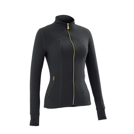 Women's Full Zip Yoga Jacket in black, full front view with gold-tone zipper