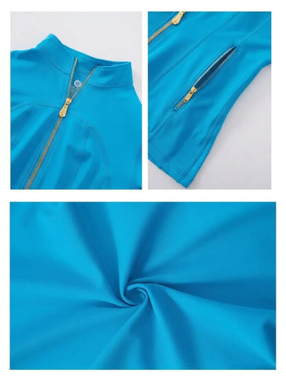 Women Stand Collar Full Zip Yoga Jacket Long Sleeve Thumb Hole Slim Fit Workout Coat with Zipper Side Pockets Backtoschool Sport Outerwear Sports Fitness Outerwear Tiktokshopbacktoschool