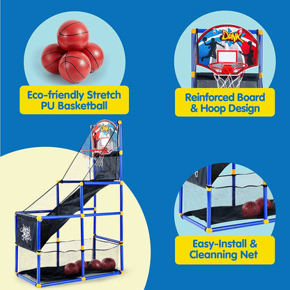 2025 Toys for Kids Arcade Basketball Game Set with 4 Inflatable Balls & Hoop Outdoor Sport Play Easy Set up Air Pump for Kids Boys Adjustable Basketball Hoop &LED Basketball Backboard